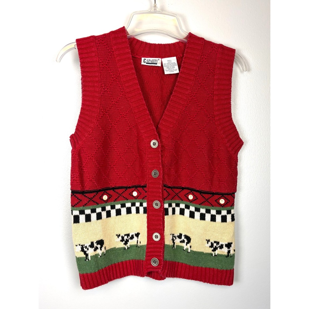 Vintage Capacity Red Cow Print Cardigan Vest Small‎ Ramie Cotton Knit Button Up